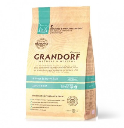 Grandorf Adult Indoor сухой корм для домашних кошек 4 вида мяса с пробиотиком 2 кг.